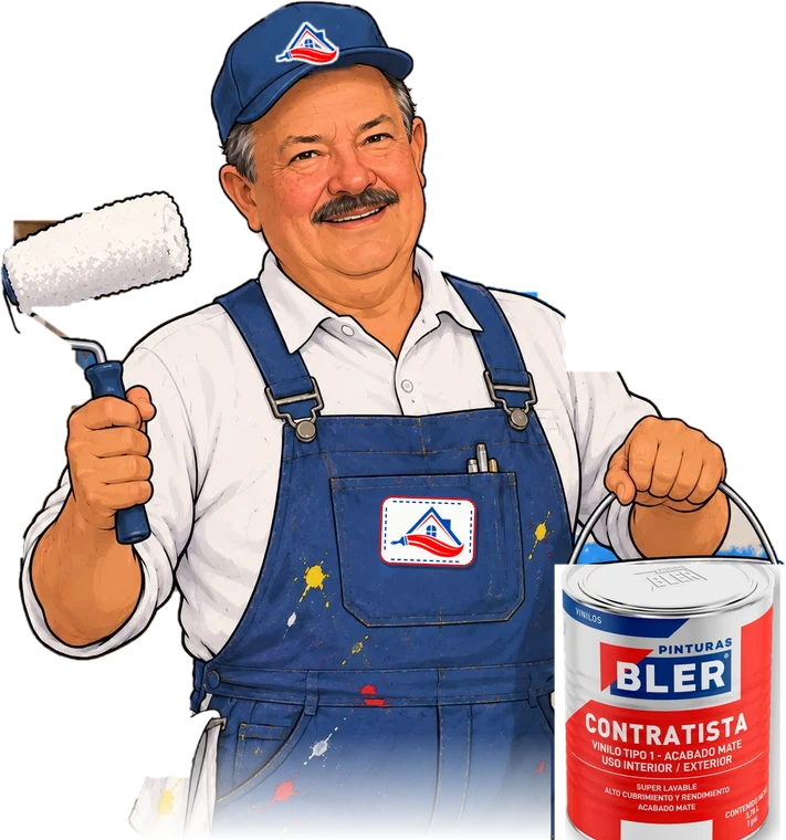 Lolo, el asesor de Comercializadora Punto Bler, con un rodillo y una lata de pintura Bler